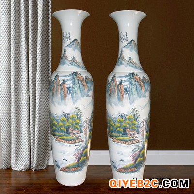 景德镇陶瓷手绘描金青花瓷落地大花瓶新中式客厅装饰品