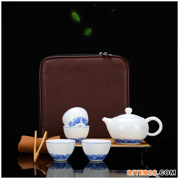 一壶两杯便携式旅行茶具套装 皮盒包装青花陶瓷茶具